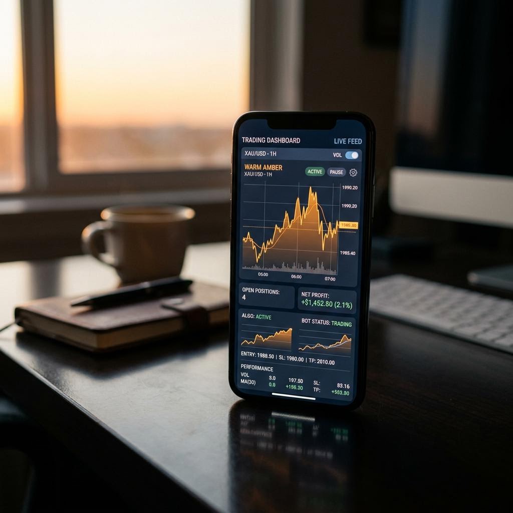 Painel analítico da AI crypto trading platform Senvix num smartphone